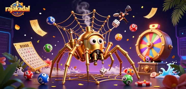 Permainan slot seru di RAJAKADAL dengan hiasan dadu keberuntungan dan bola lotere.