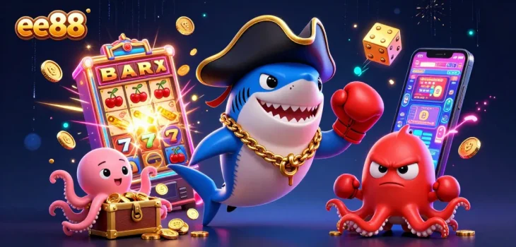 Engage with ee88's thrilling jackpot scene featuring a shark, pufferfish, and octopus with casino elements.
