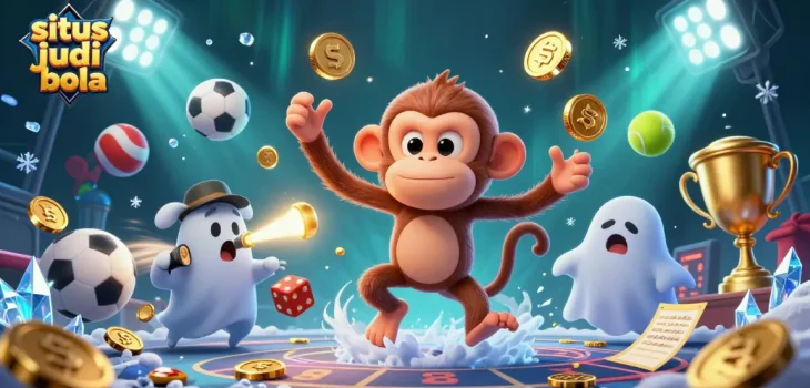 Engage with situs judi bola as a poltergeist monkey juggles golden sports elements in a haunted casino.
