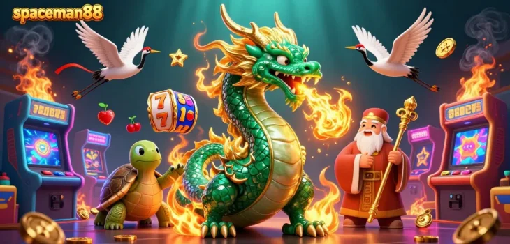 Spaceman88 players spin slot reels with a dragon, turtle, and cranes in a dynamic casino scene.