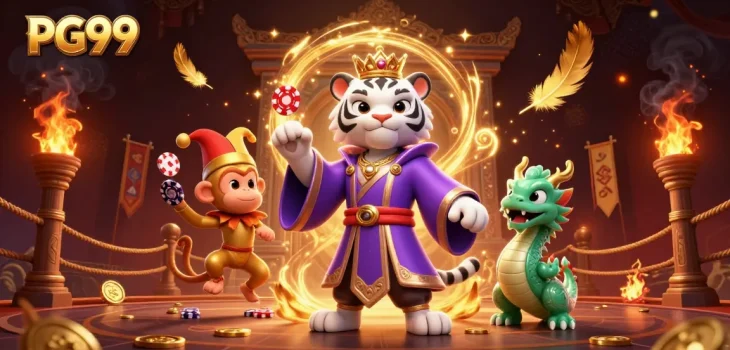 Experience the exciting world of PG99 with a vibrant illustration featuring a royal tiger, playful monkey, and jade dragon.