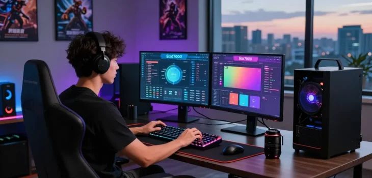 Engaging gaming setup showcasing slot7000 platform with dual monitors and RGB lighting