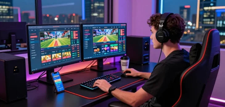 Player engaged in betting activities using coloksgp link alternatif with multiple gaming screens and vibrant lighting.