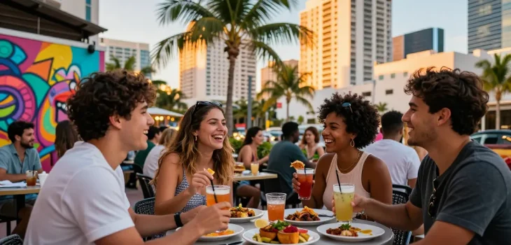 Suasana malam penuh keceriaan di https://miami4d.com/ dengan makanan lokal dan teman-teman di kafe luar ruangan
