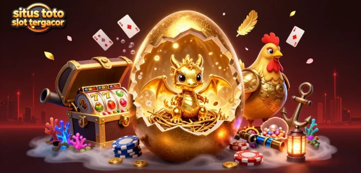 Situs toto slot tergacor showcasing a golden dragon with poker chips amidst treasure and casino elements.
