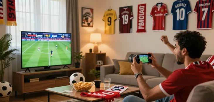 Excited soccer fan enjoying جدول مباريات اليوم كورة لايف in a lively living room with friends, snacks, and team memorabilia.