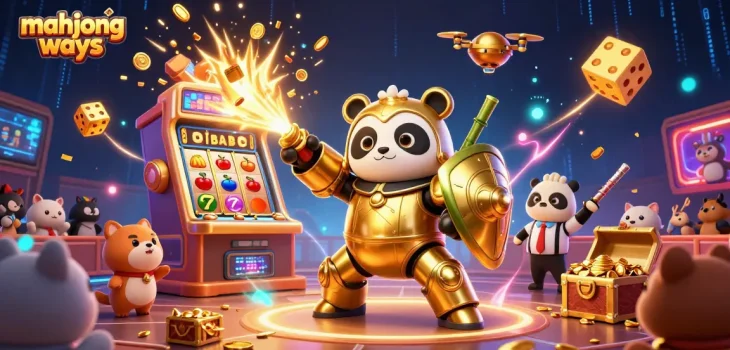 Engage with mahjong ways in a vibrant 3D casino scene featuring animated elements like a jackpot explosion.