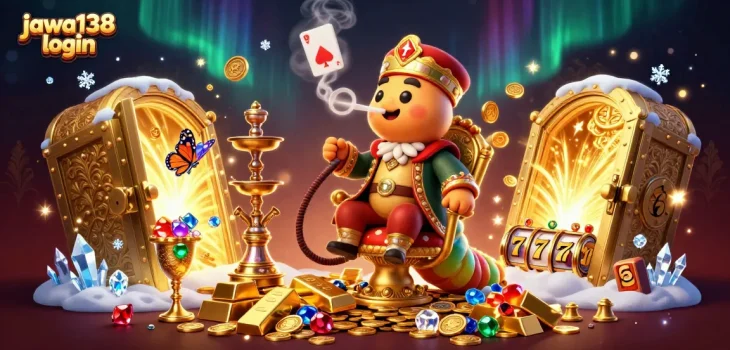 Jawa138 login dan slot bermain dikelilingi oleh koin emas dan simbol jackpot di dunia kasino yang bertenaga.