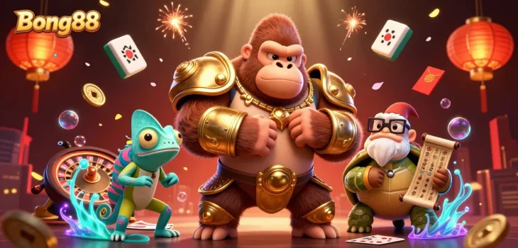 Bong88 showcases thrilling gambling elements like a gorilla king and chameleon companion in a vibrant casino environment.