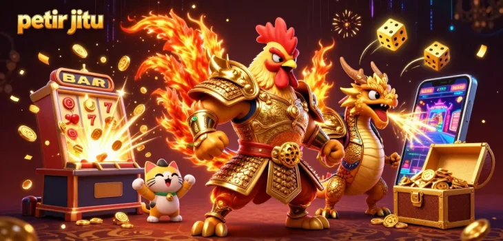 Petir jitu menguji keberuntungan dengan ilustrasi ayam jantan pejuang dan naga di kasino.