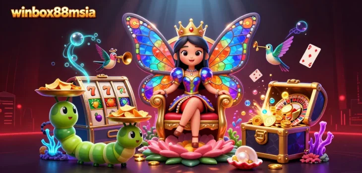 Winbox88msia showcases a vibrant casino scene with a butterfly queen, slots, and gold treasures.