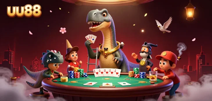 uu88 offers an exciting poker scene with a cartoon brontosaurus and a clever raptor dealer