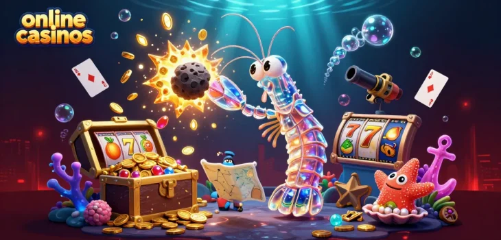 Engage with online casinos through a vibrant scene featuring a galactic mantis shrimp amid slot reels and treasure.