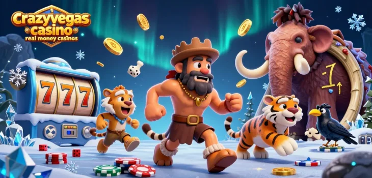 Crowd of characters enjoying crazyvegas casino real money casinos with vibrant slot reels and ancient themes