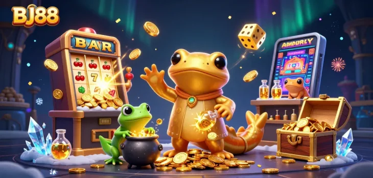 Experience thrilling action at BJ88 with vibrant golden coins and dynamic casino games.