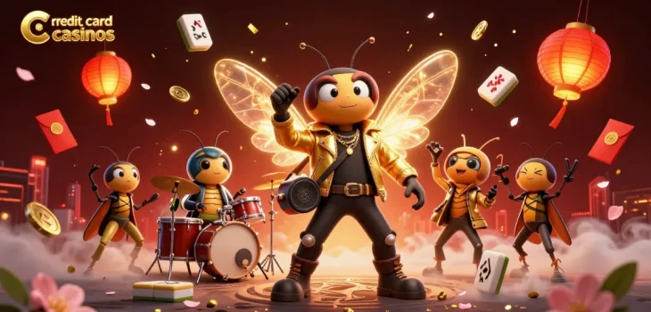Engage with credit card casinos through vibrant 3D cartoon festivities of a cicada rock star and dynamic elements.