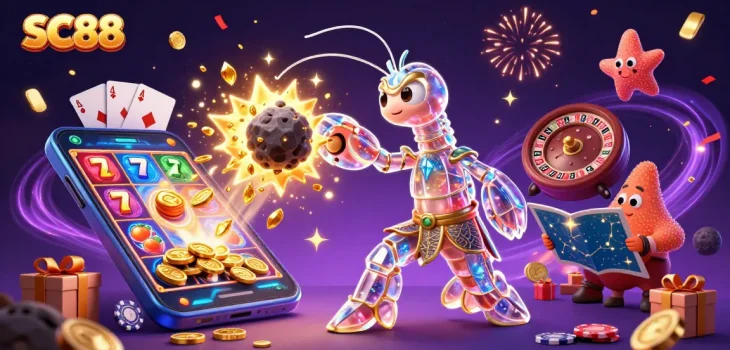 Experience thrilling SC88 slot action with a galactic samurai mantis shrimp amidst dazzling gems and coins.