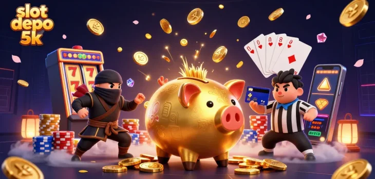 Spin to win with slot depo 5k showcasing vibrant animations of gold coins and colorful slots.