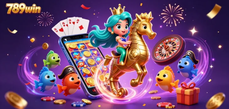 Experience the thrill of 789win as the mermaid princess rides into a vibrant casino adventure surrounded by games.