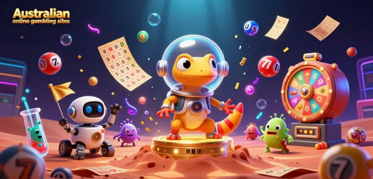 Engaging image of the Australian online gambling sites highlighted with vibrant lottery elements and a unique Martian gecko theme.