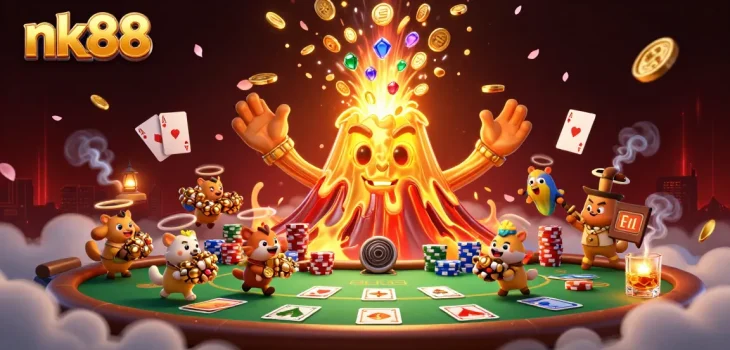 Play nk88 with a triumphant volcano amidst poker chips and a dazzling treasure scene.