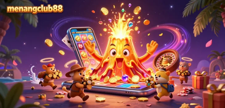 Experience the excitement of menangclub88 as golden coins erupt in a thrilling casino-themed illustration.