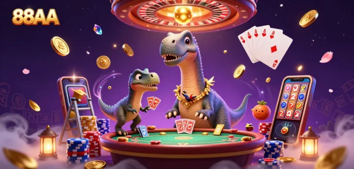 Experience thrilling gameplay at 88AA with iconic characters and dynamic casino elements in a vibrant illustration.