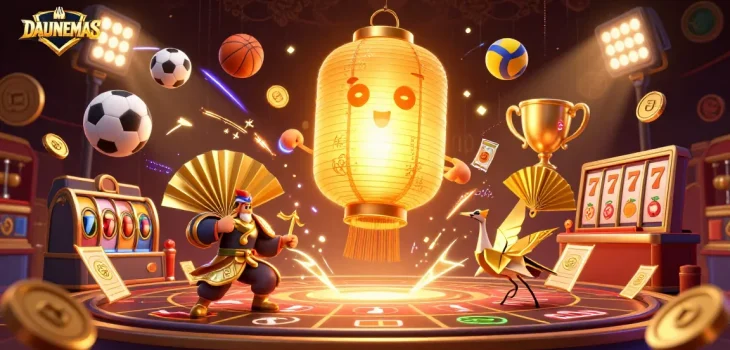 Experience the thrill of DAUNEMAS with a dynamic casino scene featuring lucky symbols and vibrant game elements.