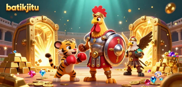 Batikjitu menghadirkan gladiator ayam beraksi dalam arena dengan tumpukan harta berkilau yang menggoda.
