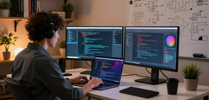Ruang kerja modern dengan individu coding menggunakan halte4d, layar berwarna-warni dan buku teknologi di sekitarnya.